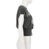 Letter Print Slash Shouider T Shirt+Denim Shorts Suit GPKJ-MR50176