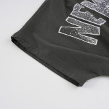 Letter Print Slash Shouider T Shirt+Denim Shorts Suit GPKJ-MR50176