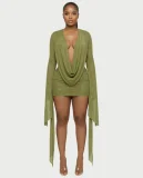 Deep V Neck Long Sleeve Mini Dress QYMF-M606