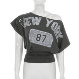 Letter Print Slash Shouider T Shirt+Denim Shorts Suit GPKJ-MR50176