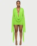 Deep V Neck Long Sleeve Mini Dress QYMF-M606
