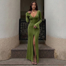 Flare Long Sleeve Deep V Neck Maxi Dress GPKJ-MR27085