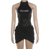 Solid Color PU Leather Patchwork Mini Dress GZJQ-K6D11973A