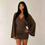 V Neck Flare Sleeve Mini Dress GPKJ-MR50419