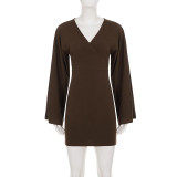 V Neck Flare Sleeve Mini Dress GPKJ-MR50419