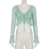 Solid Color Ruffles Tie Up Tops GPKJ-MR50547