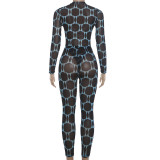 Print Long Sleeve See Through Two Piece Pants Set GZJQ-K6S14580A