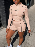Long Sleeve Zipper Top Two Piece Shorts Set HNIF-YF403