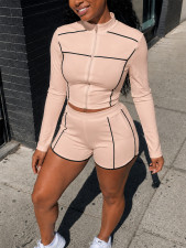 Long Sleeve Zipper Top Two Piece Shorts Set HNIF-YF403