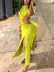 Hollow Out Short Sleeve Split Maxi Dress HNIF-MC040