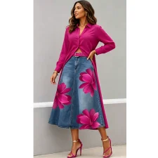 Plus Size Wash Flower Print High Waisted Denim Long Skirt GAKF-60519