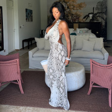 Snake Print Sleeveless Backless Maxi Dress GJYO-JD305685
