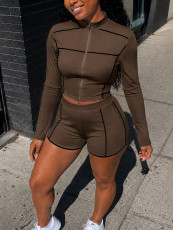 Long Sleeve Zipper Top Two Piece Shorts Set HNIF-YF403
