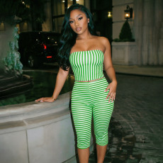 Stripe Print Warp Chest Top Seventh Pants Suit MXBF-J26ST301
