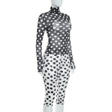 Polka Dot Mesh Long Sleeve Top Seventh Pant Suit GDSF-D26ST247