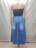Plus Size Wash Flower Print High Waisted Denim Long Skirt GAKF-60519