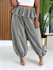 Stripe Print Ruffles Loose Pants ZDF-33533