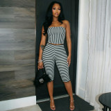 Stripe Print Warp Chest Top Seventh Pants Suit MXBF-J26ST301