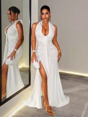 Deep V Neck Backless Split Maxi Dress GHYX-TXY5487