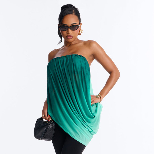 Gradient  Printed Mesh Ruched Tops GDSF-D26TP223