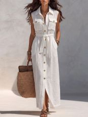 Sleeveless Single Breasted Shirt Dress(With Belt) GWDS-260615