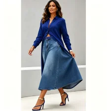 Plus Size Washed High Waist Denim Long Skirt GAKF-60702