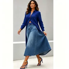 Plus Size Washed High Waist Denim Long Skirt GAKF-60702