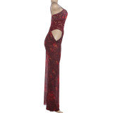 Hollow Out Print Sling Maxi Dress DLSF-K6D13768A