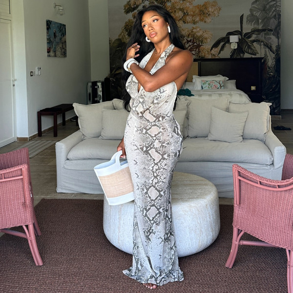 Snake Print Sleeveless Backless Maxi Dress GJYO-JD305685
