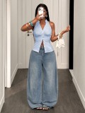 Deep V Neck Stripe Sleeveless Shirt GHYX-TXY5481