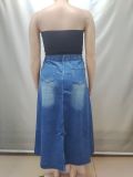 Plus Size Washed High Waist Denim Long Skirt GAKF-60702