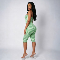 Stripe Print Warp Chest Top Seventh Pants Suit MXBF-J26ST301