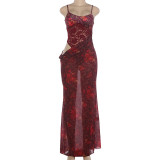 Hollow Out Print Sling Maxi Dress DLSF-K6D13768A