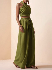 Cross Halterneck Solid Color Two Piece Pants Set HNIF-YF309