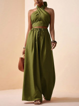 Cross Halterneck Solid Color Two Piece Pants Set HNIF-YF309