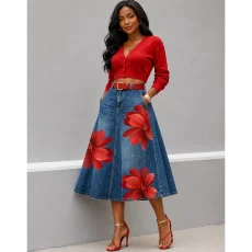 Plus Size Wash Flower Print High Waisted Denim Long Skirt GAKF-60519