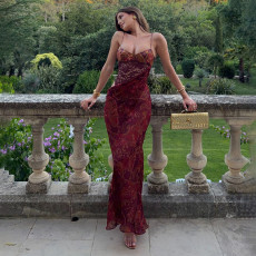 Hollow Out Print Sling Maxi Dress DLSF-K6D13768A