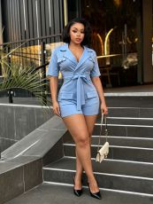 Short Sleeve Lace Up Solid Romper GMYU-5257