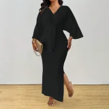 Plus Size Solid Color Knits Lace Up Maxi Dress HNIF-DGY229