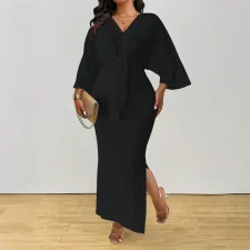 Plus Size Solid Color Knits Lace Up Maxi Dress HNIF-DGY229