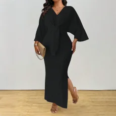 Plus Size Solid Color Knits Lace Up Maxi Dress HNIF-DGY229