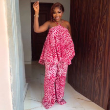 Halterneck Print Off Shoulder Two Piece Pants Set GQLK-6686