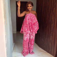 Halterneck Print Off Shoulder Two Piece Pants Set GQLK-6686