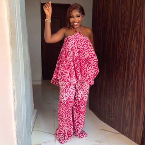 Halterneck Print Off Shoulder Two Piece Pants Set GQLK-6686