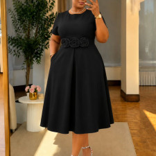 Plus Size 3D Flower Short Sleeve Midi Dress GCZF-8667