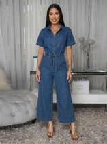 Single Breasted Short Sleeve Denim Jumpsuit OSM-4503