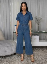 Single Breasted Short Sleeve Denim Jumpsuit OSM-4503