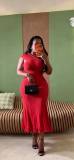 Hollow Out Solid Color Ruffles Midi Dress GMYU-10088