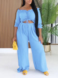 Solid Color Off Shoulder Two Piece Pants Set HNIF-SY046