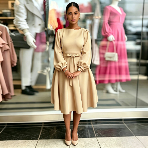 Solid Color Long Sleeve Midi Dress GQLK-6682